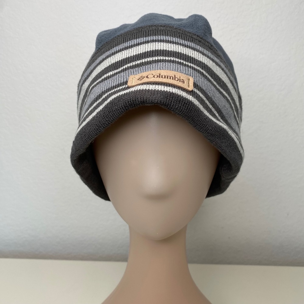 Columbia Unisex Fleece Knit Striped Beanie Hat Grey White Mountain RN69724 O/S‎